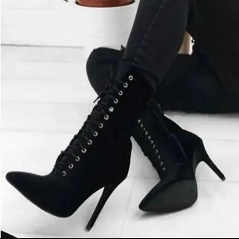 

Black Women Suede Ankle Boots Lace Up Stilettos Sexy High Heels Short Booties Pointed Toe Shoes Chaussure Femmes Botas