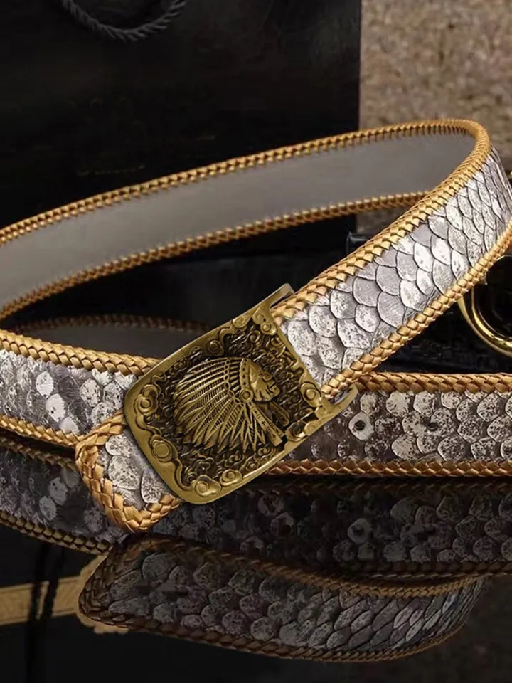 Men Real Snakeskin Belt Handmade Weave Real Leather Copper  display picture 2