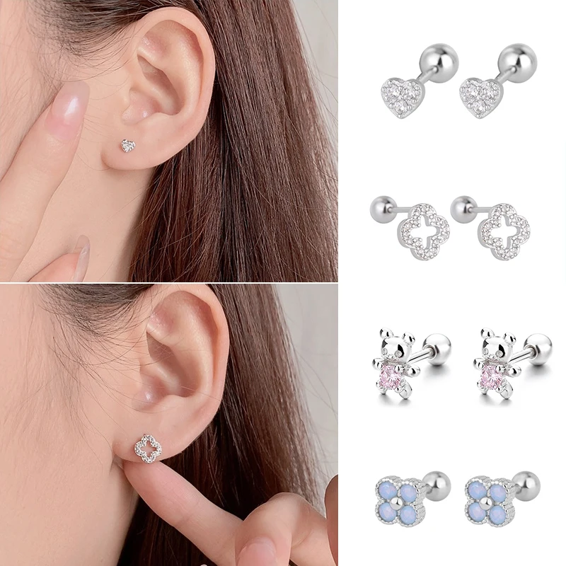 Hot Sell Korean Sweet Cute Small Bear With Pink Zircon Piercing Stud Earrings for Women Girls Daily Fashion Party Jewelry Gifts