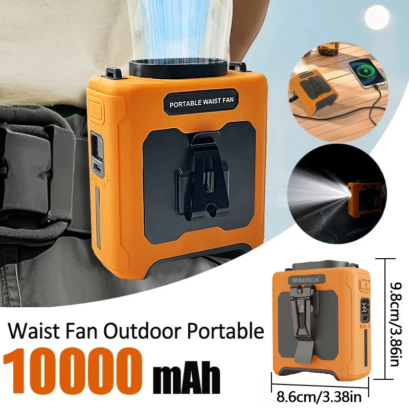 Draagbare tailleventilator 10000 mAh met Power Bank LED-verlichting Hangende nekventilator 5 snelheden Sterke luchtstroom Koelventilator voor werken buitenshuis