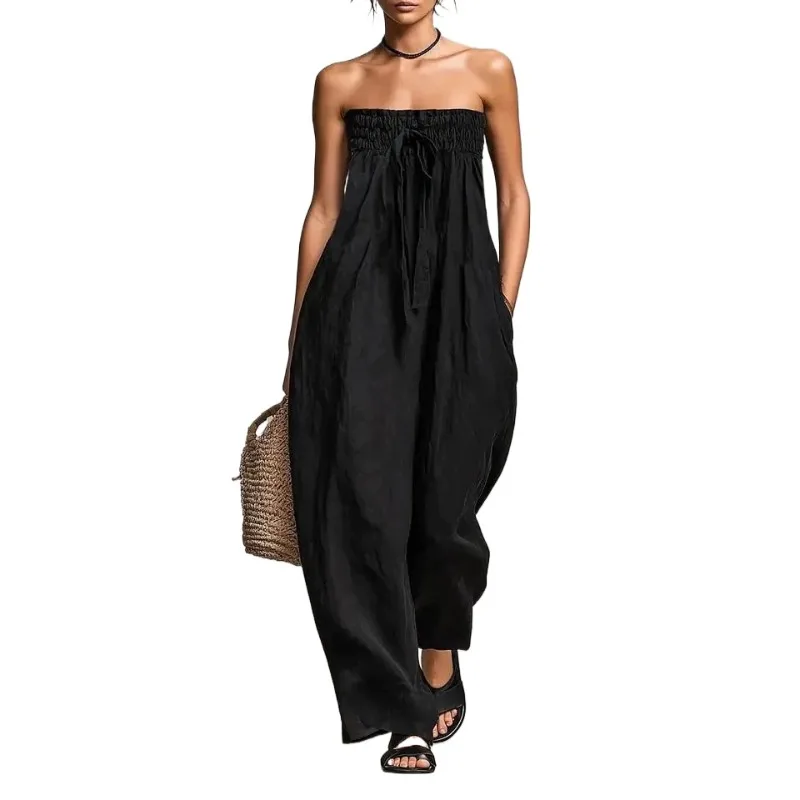 Women Strapless Jumpsuit Smocked Bust Tie Front Wide Leg Palazzo Pants with Side Pockets Summer Beach Vacation Romper