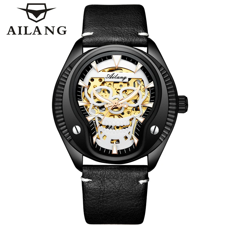 

AILANG новые модные индивидуальные механические часы с черепом и циферблатом, мужские роскошные кожаные водонепроницаемые светящиеся часы в стиле стимпанк со скелетом, мужские часы