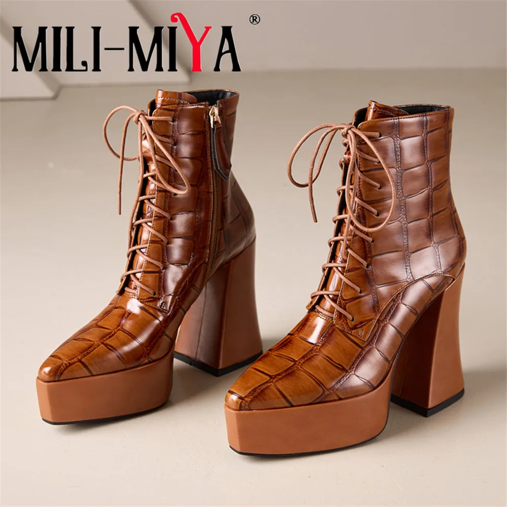 MILI-MIYA Women's Stone-Patterned Calfskin Ankle Boots With Pointed Toe Thick Sole Platform And Extra-High Chunky Heel Handmade