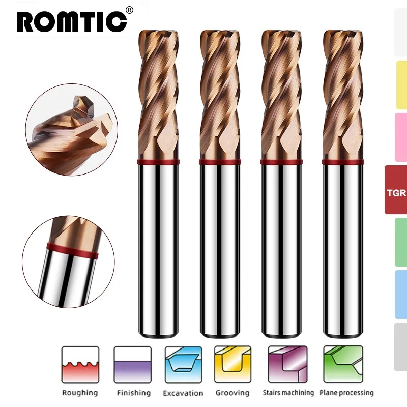 Rometic-TGR-HRC55 de carburo de tungsteno de acero para fresadora de acero 4F revestimiento de anillo de Color CNC herramientas mecánicas de punta redonda