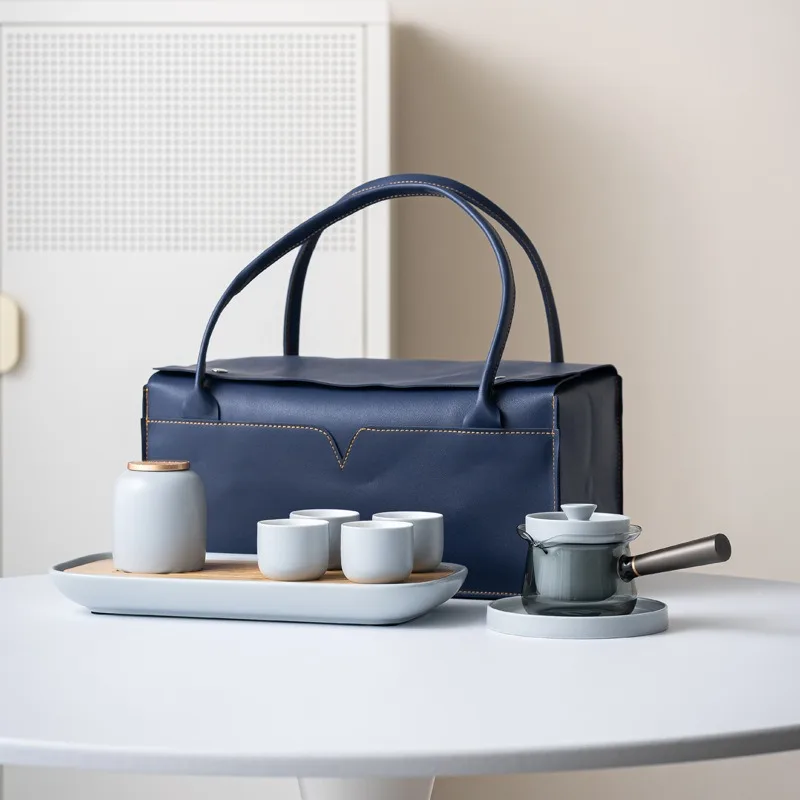 Ceramic travel tea set, one pot of four cups, outdoor portable dry tea tray