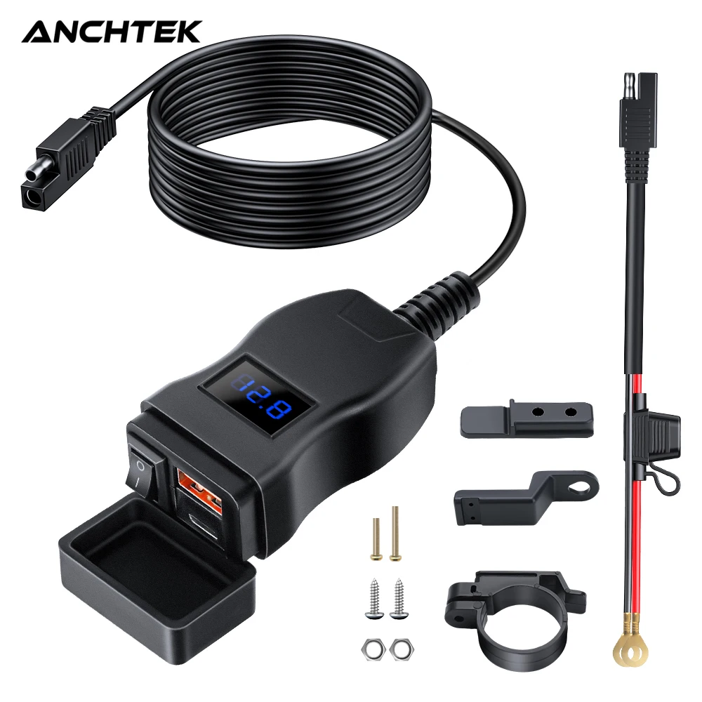 Anchtek 오토바이 차량 장착형 충전기 방수 어댑터, 12V 휴대폰 USB PD 포트, 빠른 충전 3.0, 스위치 포함, 모토 액세서리