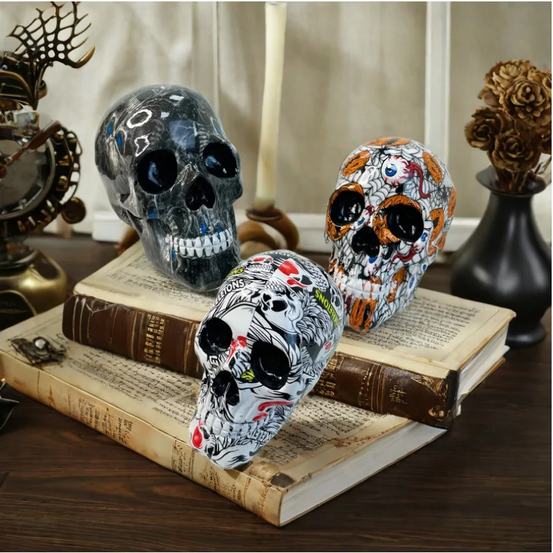 Oil Painting Graffiti Skull Halloween Party Props Resin Colorful Skeleton Head Figurine Home Desktop Ornament Garden Lawn Decor