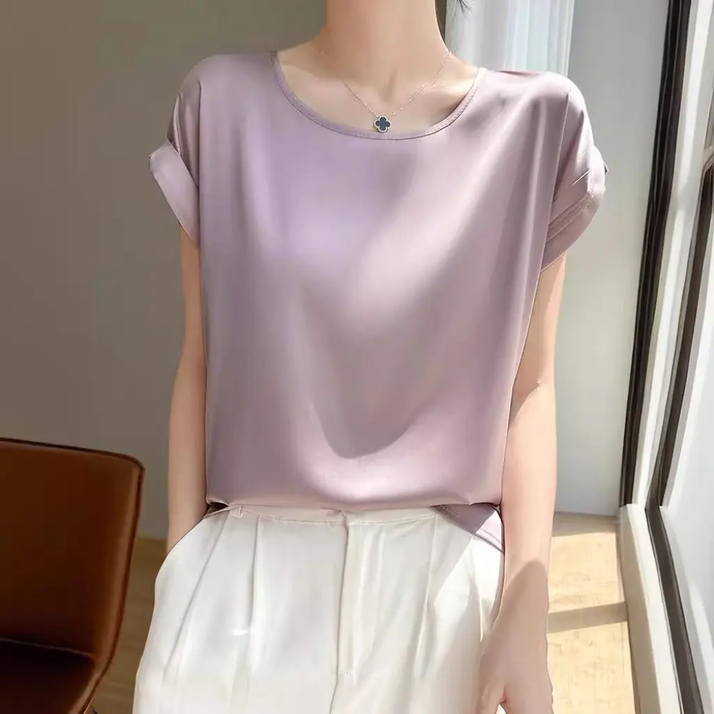 

Women's Silk Top Short-Sleeved T-shirt Summer Acetic Satin round Neck Loose Fit Silk Vest for Casual Wear