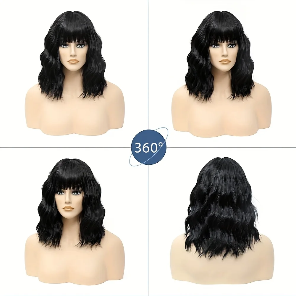 Elegant Water Wave Wig with Bangs for Women, 14-inch Black Short Bob Heat Resistant Fiber Wig, 130% Density, with Rose Net Cap,