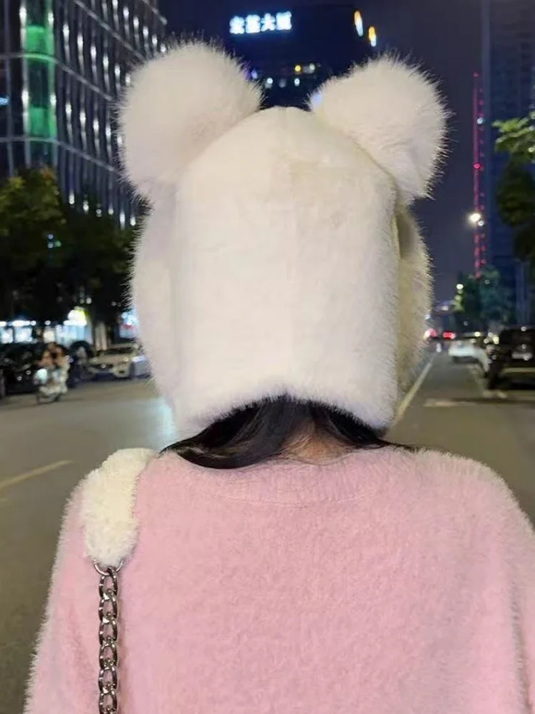 Neue Plüsch Niedliche Kleine Bär Ohr Hut Fuchs Pelz Hut Verdickt Ohr Schutz Schnee Hut frauen Plüsch Kleine Bär hut Mode Vielseitig – Detail 4