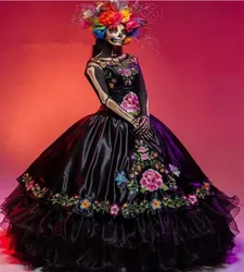 Halloween Charro Black Mexican Quinceanera Dress Costume Tiered Emboridery Sweet 15 Years Birthday Dresses Prom Disfraz catrina