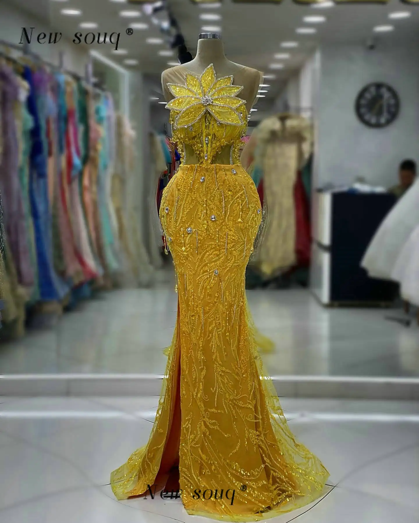 

Long Gold Sparkle Sequins Mermaid Evening Dresses with Slit Fashion 3D Leaf Design Crystals Formal Dance Gowns Wedding Party