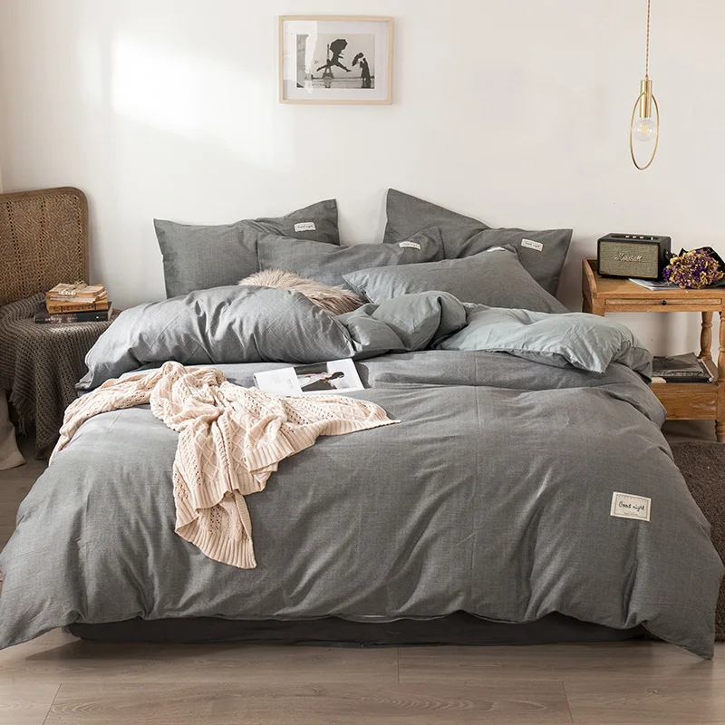 

2023 New Long-staple Cotton Four-piece Bed Sheet Star And Moon Pattern Plain Cotton Bedding Light Luxury Models Denim Light Gray