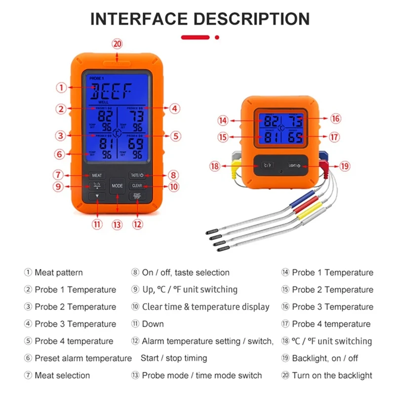 Digital Barbecue Meat Thermometer For Oven Thermomet With Timer 4 Probes Temperature Alarm Kitchen Thermometer