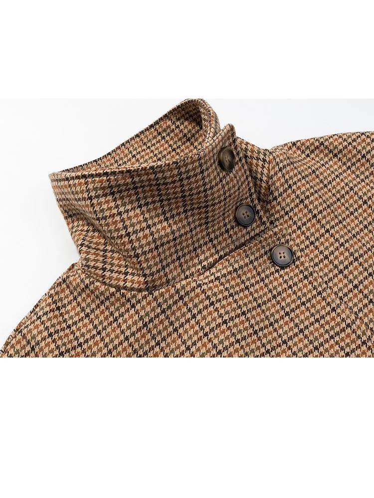 

HH женская новая модная ретро модная короткая куртка с узором «гусиные лапки» женская свободная повседневная верхняя одежда с воротником-стойкой и длинными рукавами