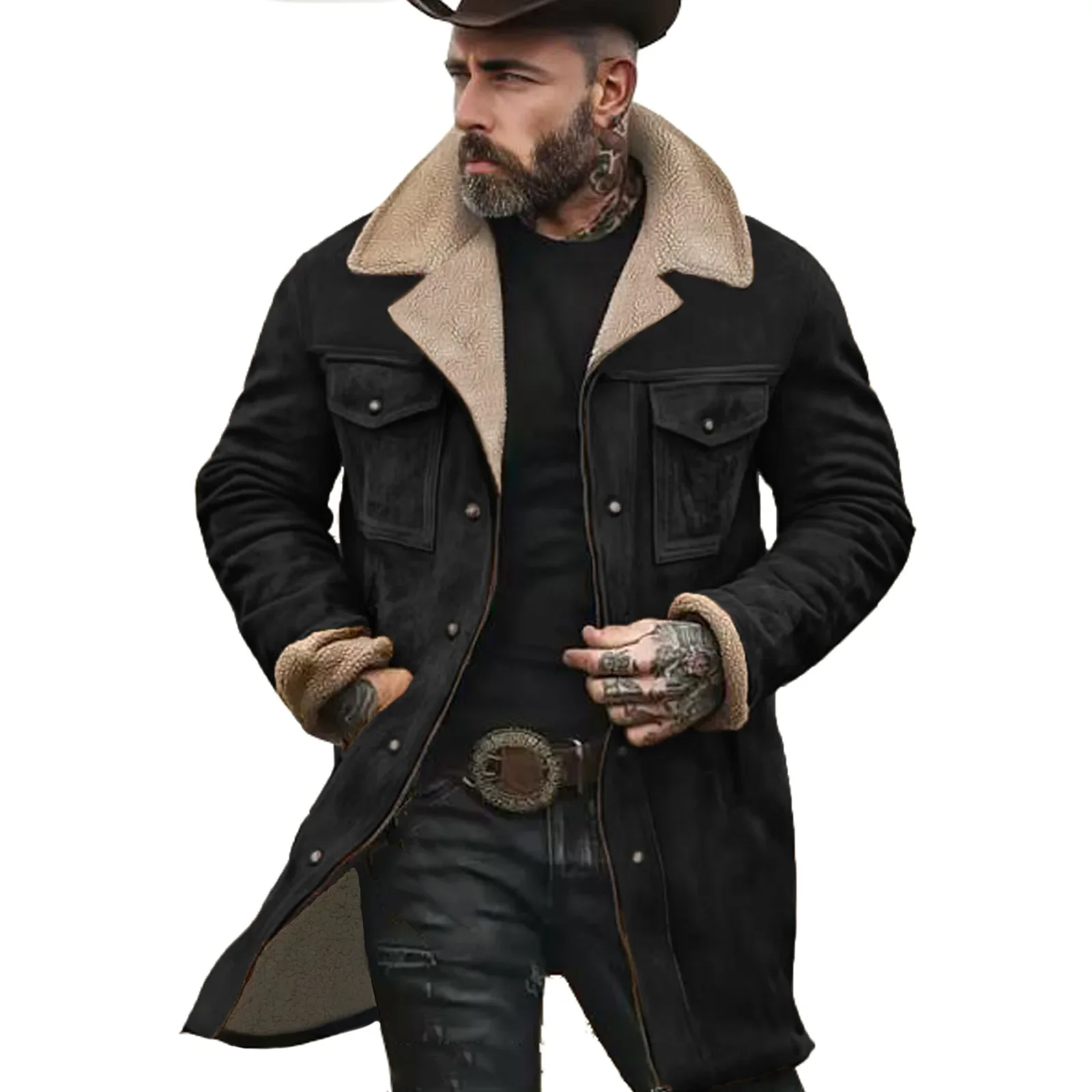 2026 Autumn and Winter Men's Coat Suede Color Matching Jacket Multi-pocket Zipper Coat Streetwear Denim Jacket Men