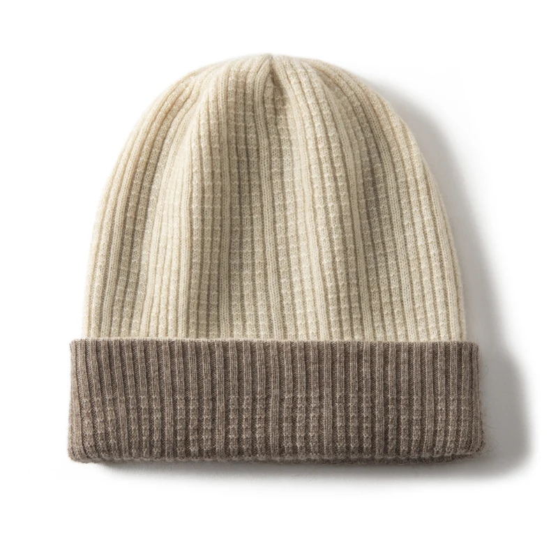 KOIJINSKY Women Autumn Winter 35% Cashmere 65% Merino Wool Vertical Ribbed Knitted Beanie Solid Color Elastic Soft Warm Windproo