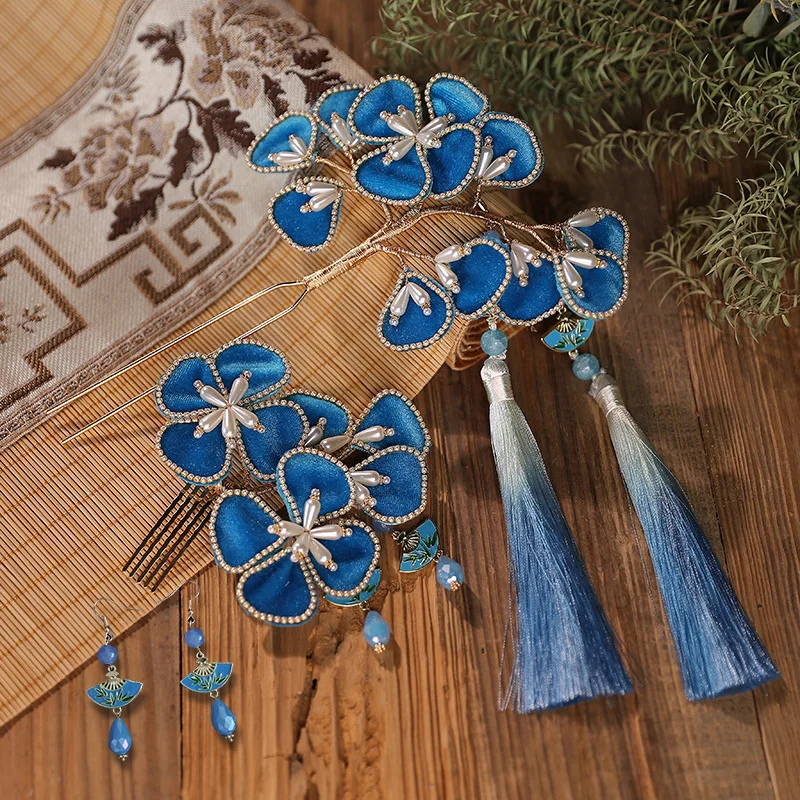 Chinese Hanfu Hair Accessories Set Long Fringed Vintage Hairpins Flower Handmade Hair Sticks For Women Traditional Retro Jewelry