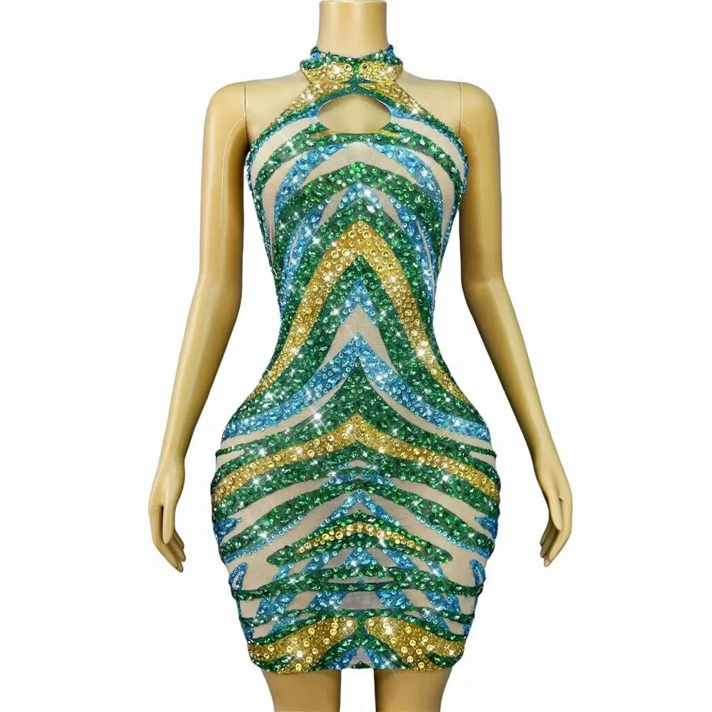 

Sexy Sparkly Rhinestones Trim fit Backless Mesh Dress Women Evening Birthday Celebrate Gown Fashion Show Photoshoot Stage Wear