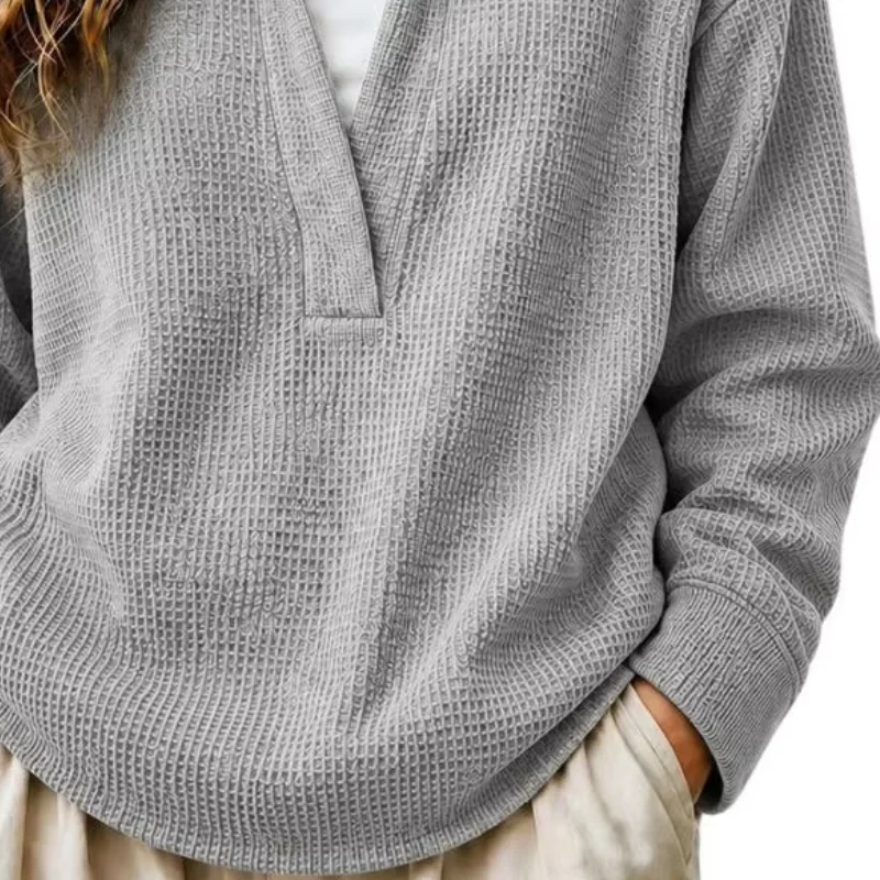 Chemise pull en tricot gaufré pour femme, chemisier respirant à texture gaufrée, col en V, manches longues, haut de couleur unie pour l'automne et l'hiver