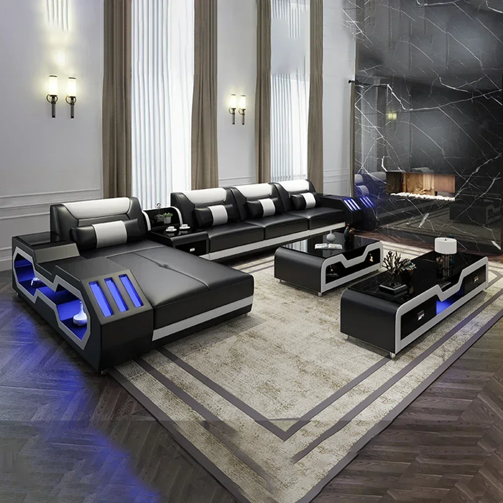 %Modern LED Lighted Sofa Set with Recliner, Adjustable Headrest & Console | Luxury Leather Sectional Couch | Futuristic Furnitur