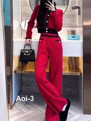 Fashion Commuter Knitted Suit Women 23 Autumn Winter O-Neck Pocket Gold Button Long Sleeve Cardigan+Wide Leg Pants Two-Piece Set