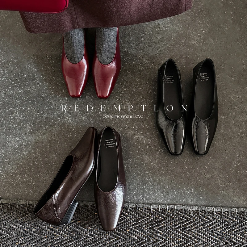 2026 new spring autumn women pumps natural leather 22-25 cm cowhide+sheepskin+pigskin square toe loafers low heel women shoes