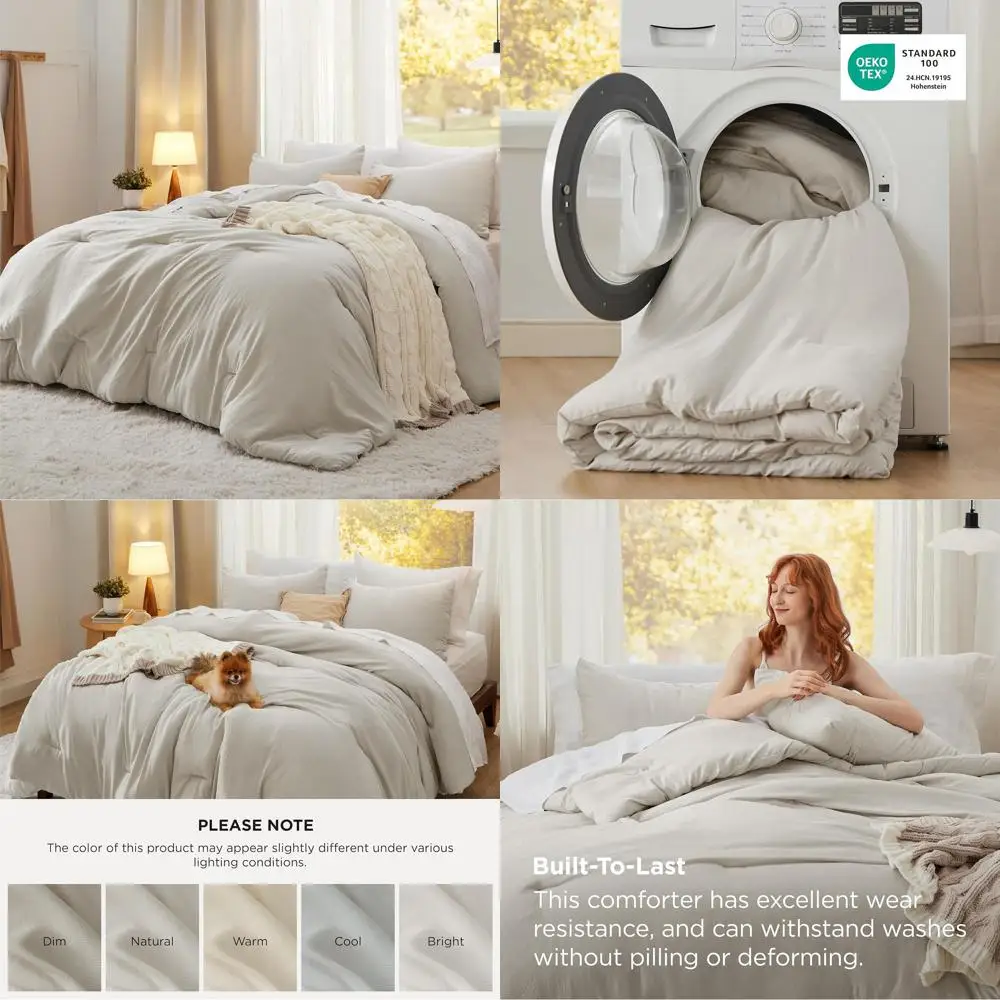Beigefarbenes übergroßes King-Bettdecken-Set, weiche, vorgewaschene Bettwäsche, 3-teilige Daunen-Alternative, 120 x 98 Bettdecken und 2 x 20 x 36 Kissenbezüge