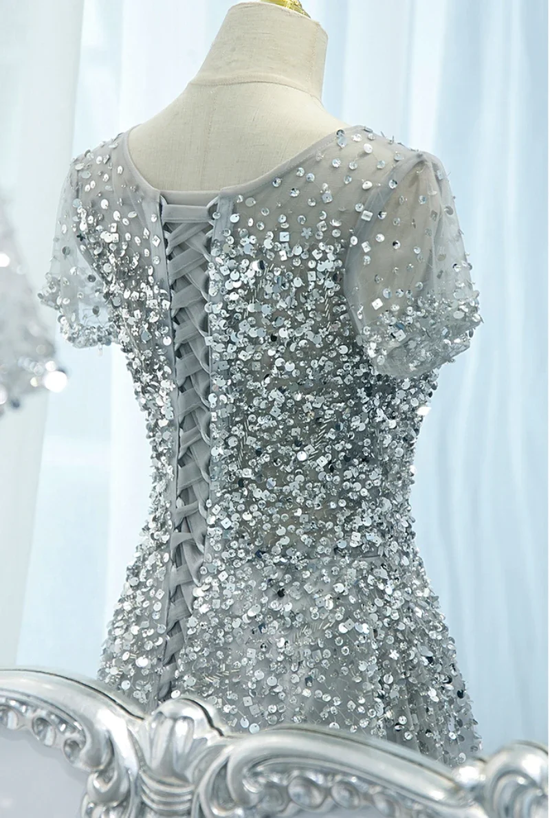 Customized  Luxury Grey Evening Dress Elegant Short Sleeve Glittering Sequins Beading A-line Party Formal Gowns Vestidos