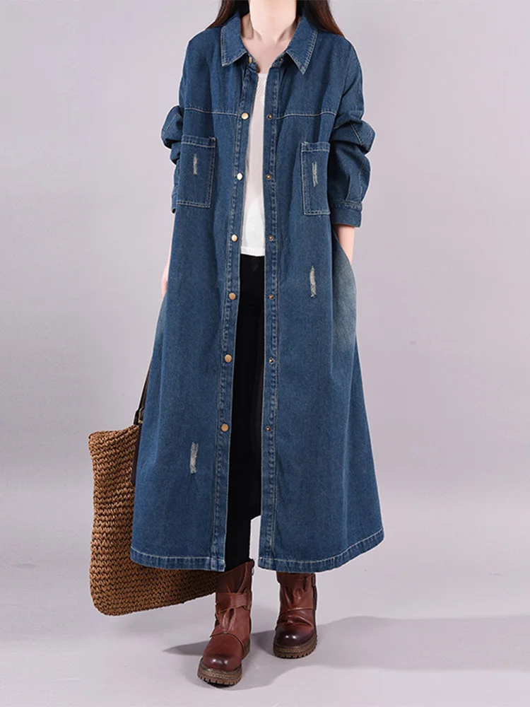 

Vintage Cotton Denim irt Dr Long Sve Collar Single Button Closure Commute Sle Artistic Pure Color Windbreaker