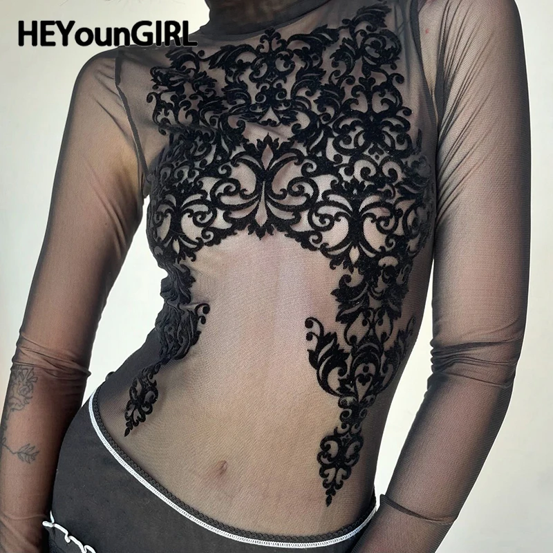 HEYounGIRL 섹시한 투명 긴 소매 바디수트, 미적 그래픽 프린트, Y2K, 작은 바디수트, 블랙, 세련된 여성 레이브 의상