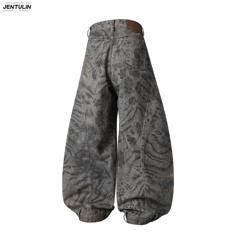 

Harajuku Retro Washed Leopard Print Wide Leg Jeans For Men Women Loose Pants High Street Fashion Korean Style Curved Knife Pant