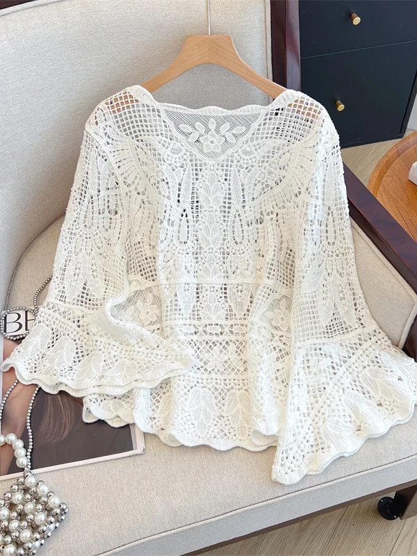 Stunning Lace irt Long Sve Hollow out Beautiful Belly Covering Bell Sve Cover up Top for plus Size Women Summer New A...