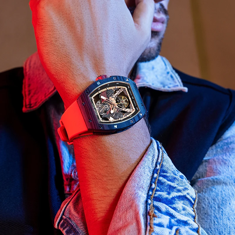

BONEST GATTI Warrior Skeleton Automatic Watch Men Carbon Fiber Tonneau 3ATM Waterproof Fluororubber Mechanical Wristwatch