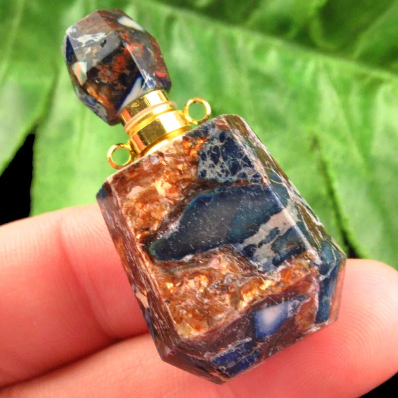 

Blue Sea Sediment Jasper Gold Copper Bornite Stone Charm Essential Oil Diffuser Bottle Pendant Birthstone Jewelry High End