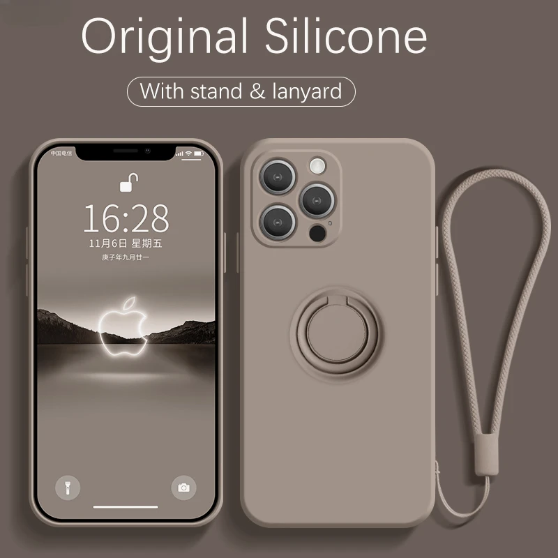 Original Liquid Silicone Ring Holder Case For iPhone 15 14 13 12 11 Pro Max Mini Xs XR 7 8 Plus SE Bracket Magnetic Cover Strap