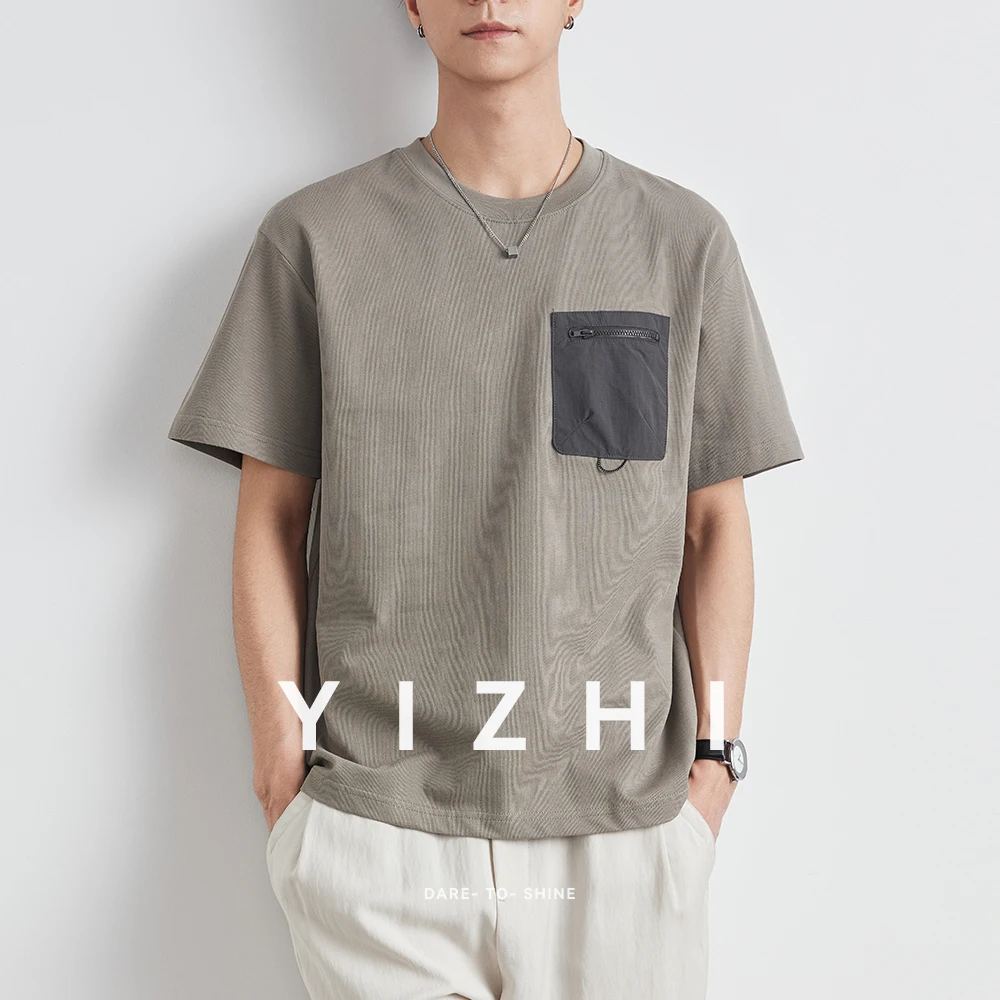 Summer Men's New Round Neck Pocket Couple T-shirt Fashion Loose Half Sleeve Top Casual Micro Elastic Five-point Sleeve Cotton