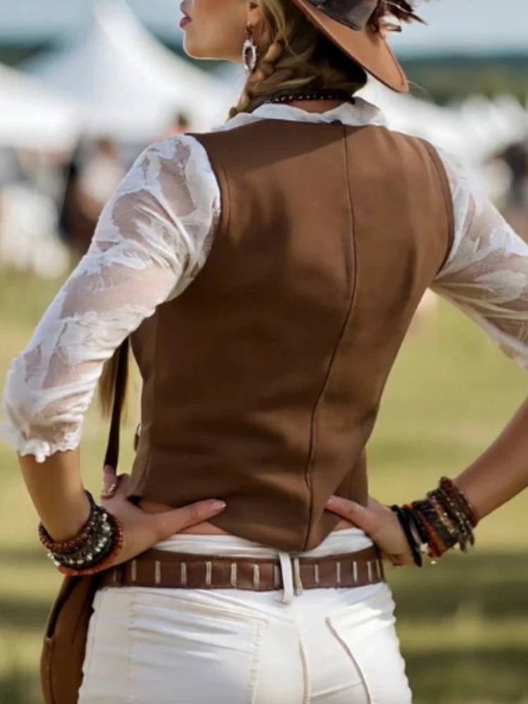 Spring New Retro Western Style Women Blouse Suede Vest Splicing Lace Long Sleeve Vintage Casual Female Tops Chic Shirt