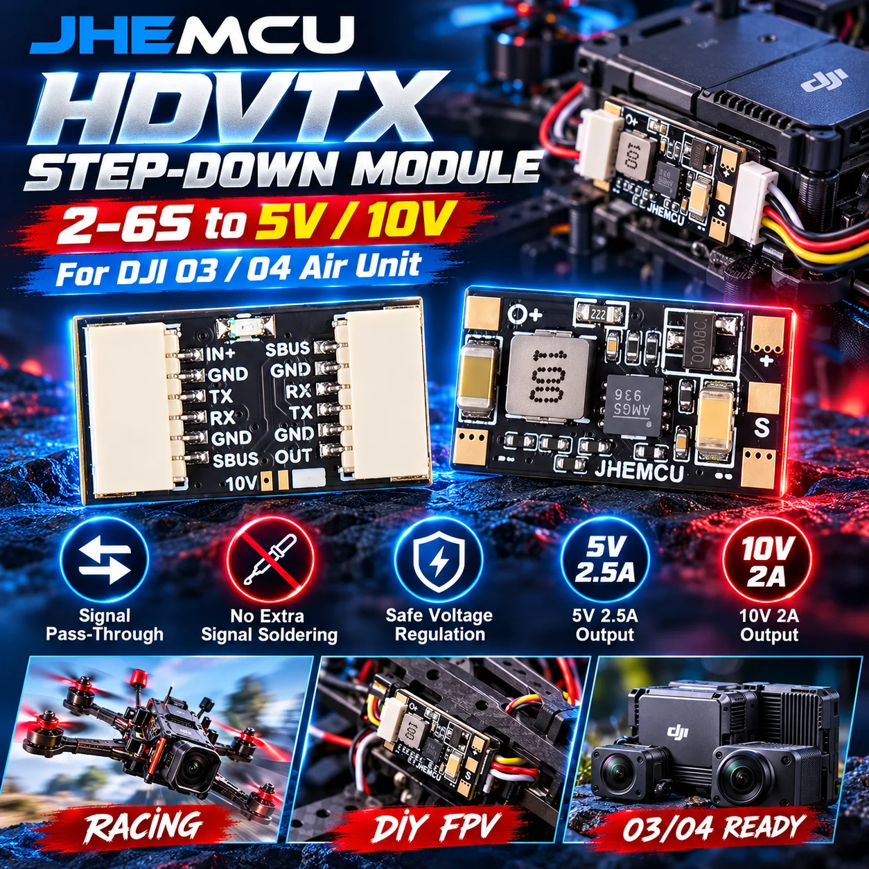 JHEMCU HDVTX Step-Down Power Module 5V 10V  for DJI O3 O4 Air Unit Voltage Regulator For RC FPV Racing Drone DIY Accessories