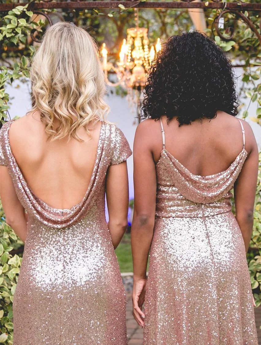 Sparkly Rose Gold Pailletten Mermaid Bruidsmeisje Jurken Plus Size 2022 Nieuwe Korte Mouwen Backless Lange Strand Bruidsmeisje Slijtage