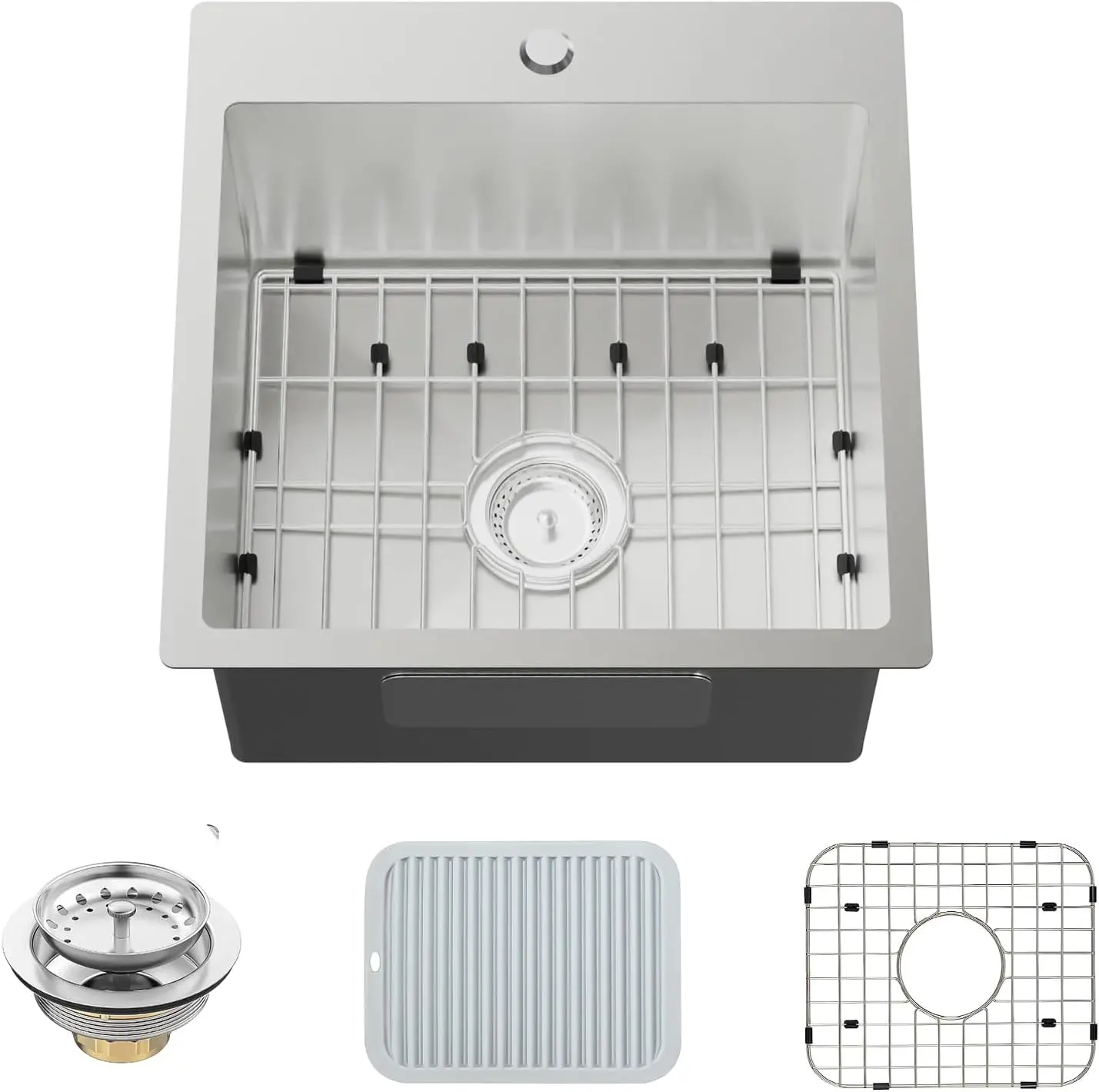 

Stainless Steel 18x18 Inch Drop-In Sink, Single Bowl Kitchen Sink with Grid, Mat, Drain Assembly – Modern & Functional