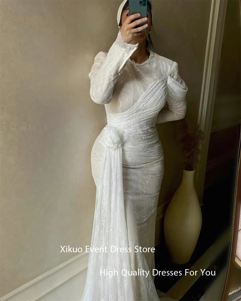 Xikuo grazioso abito da sera in pizzo sirena pieghe maniche lunghe Arabia Saudita abito da ballo o collo appliques Robe De Soirée personalizzato