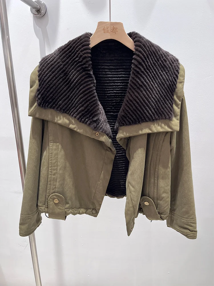 2025 mulheres inverno quente natural rex coelho pele jaquetas gola de pele casaco grosso feminino outwear
