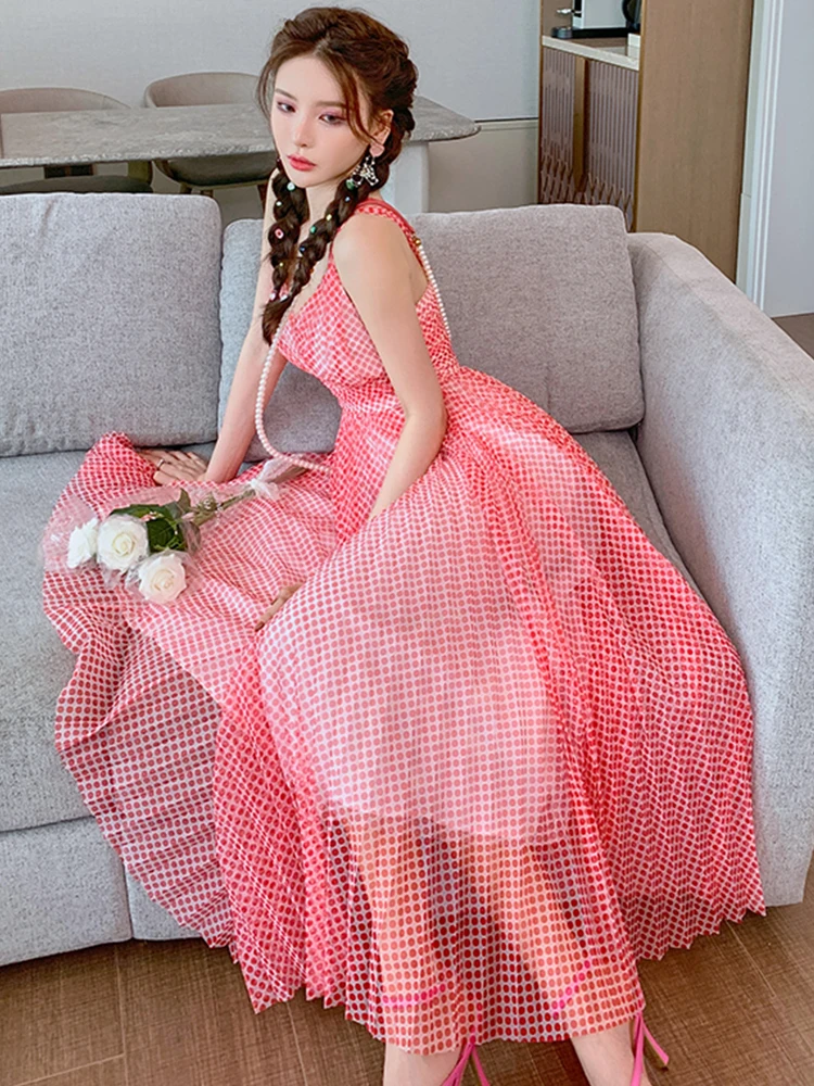 Dolce e carino vestito da partito sexy da donna vacanza maglia trasparente cinturino a pois rossi altalena senza schienale abito a pieghe vacanza al mare club abiti