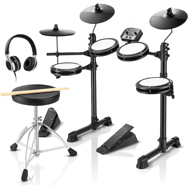 

Electronic Drum Set with 4 Quiet Mesh Pads, 180+ Sounds, 2 Pedals, Throne, Headphones, Sticks, and Melodics Lessons