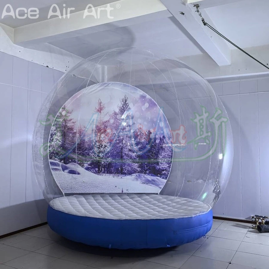 Maravilhoso decoração de natal globo de neve inflável tenda bolha transparente iglu inflável com fundo de neve