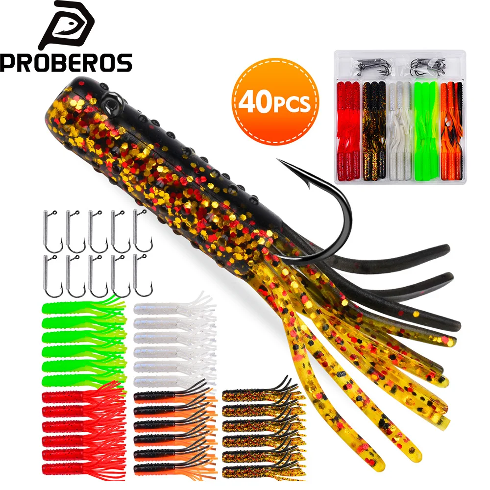 Proberos 40 Stück Kleine Weiche Schlauch-Bass-Köder zum Angeln auf Hecht, Barsch, Forelle, Killer-Silikon-Kunstköder, Weicher Wurm-Wobbler-Köder