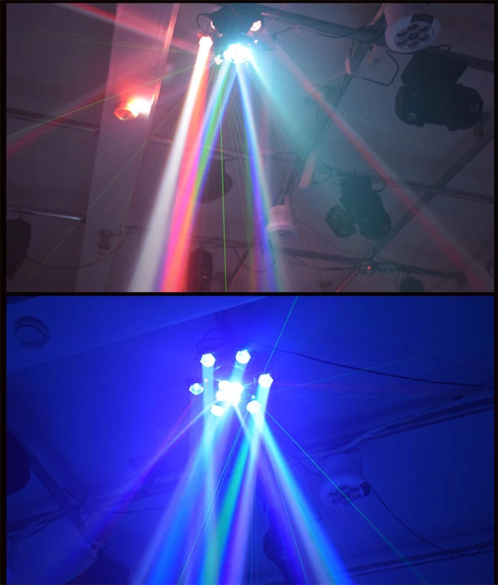 LED 10X10W 6-Kopf Moving Head Beam Light RG Laser Stroboskop DMX Bühnenlicht Vollfarb-Beam-Licht Rotierendes Disco Party Bar Licht – Detail 5