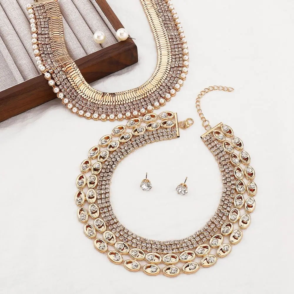 حجر الراين قلادة القرط مجموعة رائعة المبالغة متعدد الطبقات مجموعة مجوهرات تحسس متقدم تقليد اللؤلؤ سلسلة الترقوة