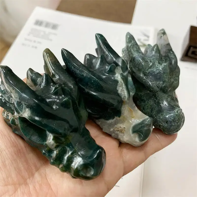 8CM Natural Moss Agate Dragon Skull Animal Carved Crystal Figurine Feng Shui Crafts Healing Artware Home Decorate Gift 1PCS